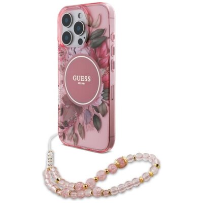 Etui GUESS IML Flowers With Pearl Strap MagSafe do Apple iPhone 16 Pro Różowy