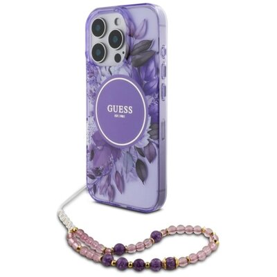 Etui GUESS IML Flowers With Pearl Strap MagSafe do Apple iPhone 16 Pro Fioletowy