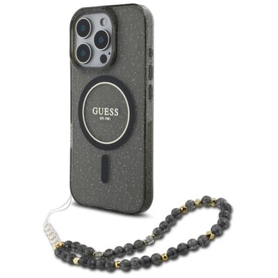 Etui GUESS IML Glitter With Pearl Strap MagSafe do Apple iPhone 16 Pro Czarny