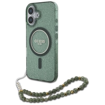 Etui GUESS IML Glitter With Pearl Strap MagSafe do Apple iPhone 16 Zielony