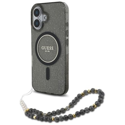 Etui GUESS IML Glitter With Pearl Strap MagSafe do Apple iPhone 16 Czarny