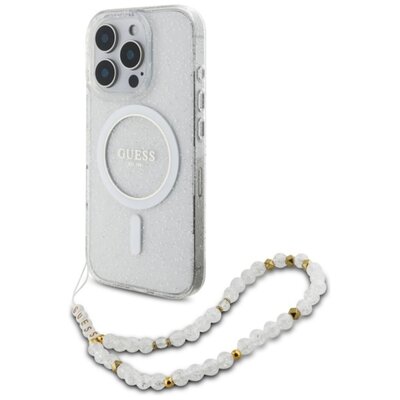 Etui GUESS IML Glitter With Pearl Strap MagSafe do Apple iPhone 16 Pro Max Przeźroczysty