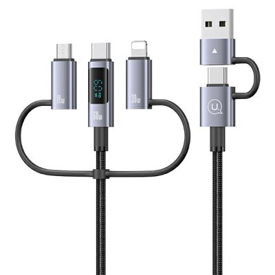 Kabel USB-C/USB-A - USB-C/Micro USB/Lightning USAMS z wyświetlaczem 6w1 60W DP Fast Charging 2m Czarno-srebrny
