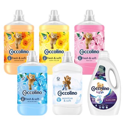 Płyn do płukania COCCOLINO Orange Rush, Happy Yellow, Silk Lily, Sensitive Soft, Blue Splash 5 x 1700 ml + Żel do prania COCCOLINO Care Black & Dark 1800 ml