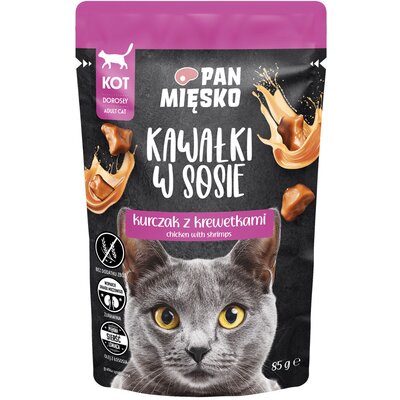 Karma dla kota PAN MIĘSKO Kawałki w sosie Kurczak z krewetkami 85 g