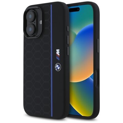 Etui BMW Silicone Hexagon Blue Line MagSafe do Apple iPhone 16 Czarny