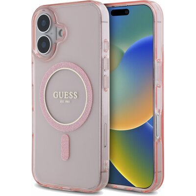 Etui GUESS IML Glitter Circle MagSafe do Apple iPhone 16 Różowy