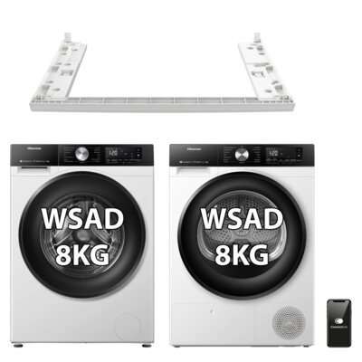 Pralka HISENSE WF3S8045BW3PL Seria 3S 8kg 1400 obr Wi-Fi Connectlife Autodozowanie Smart Wizzard Programy z parą + Suszarka HISENSE DH3S802BW3 PL + Łącznik HISENSE SKHDSNW