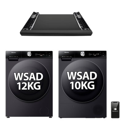 Pralka HISENSE WF7S1247BB Seria 7S 12kg 1400 obr Wi-Fi ConnectLife Autodozowanie AI SuperWash Ekran TFT Smart Assist + Suszarka HISENSE DH7S107BB Seria 7S Wi-Fi ConnectLife AI SuperDry Ekran TFT Samoczyszczacy wymiennik ciepła + Łącznik HISENSE WZXX90-BEB