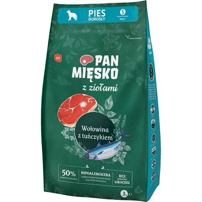 Karma dla psa PAN MIĘSKO Wołowina z tuńczykiem i ziołami S 3 kg