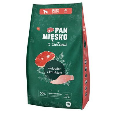 Karma dla psa PAN MIĘSKO Wołowina z królikiem i ziołami M 20 kg