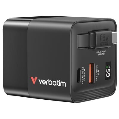 Ładowarka sieciowa VERBATIM GaN 65W + Adapter EU/UK/US Czarny