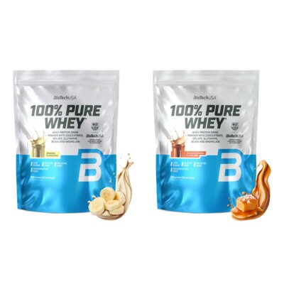 Odżywka białkowa BIOTECH 100 Pure Whey Bananowy (900 g) + BIOTECH 100 Pure Whey Słony karmel (900 g)