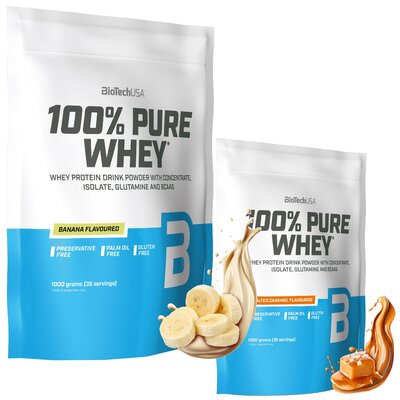 Odżywki białkowe BIOTECH mix smaków 100 Pure Whey Bananowy (1000 g) + 100 Pure Whey Słony karmel (1000 g)