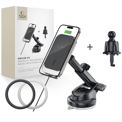 Uchwyt na telefon i smartfon TECH-PROTECT V9 Magsafe Dashboard & Vent Wireless Charger 15W Czarny uchwyt samochodowy na szybę, kratkę nawiewu i deskę rozdzielczą