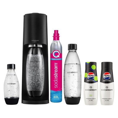 Saturator SODASTREAM Terra Czarny + 3 butelki + Syrop SODASTREAM Pepsi Zero Cukru Limonka 440 ml + Syrop SODASTREAM Pepsi Zero Cukru 440 ml