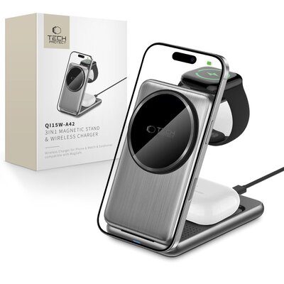 Ładowarka indukcyjna TECH-PROTECT QI15W A42 3w1 Srebrny Qi MagSafe