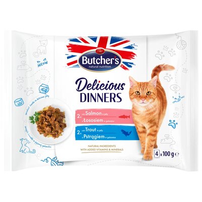 Karma dla kota BUTCHER'S Delicious Dinners z łososiem oraz z pstrągiem (4 x 100 g)