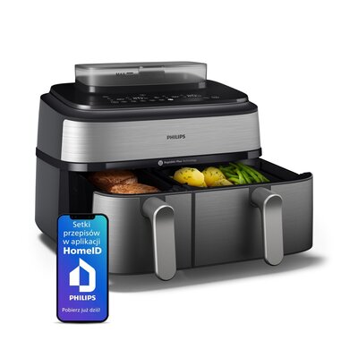 Air Fryer Frytkownica beztłuszczowa PHILIPS Ovi Dual Basket NA555/00 9l z podwójnym koszem gotowanie na parze
