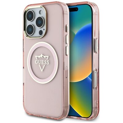 Etui GUESS IML Metal Mountain Logo MagSafe do Apple iPhone 16 Pro Przezroczysto-różowy