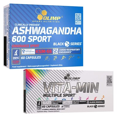 Adaptogen OLIMP Ashwagandha 600 Sport (60 kapsułek) + Kompleks witamin i minerałów OLIMP Vita-Min Multiple Sport Mega Caps (60 kapsułek)