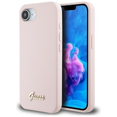 Etui GUESS Silicone Script Metal Logo MagSafe do Apple iPhone 16e Różowy