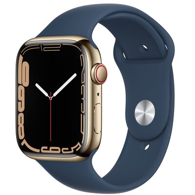 Apple Watch 7 GPS + Cellular 45mm koperta ze stali nierdzewnej (złoty) + opaska sportowa (błękitna toń)
