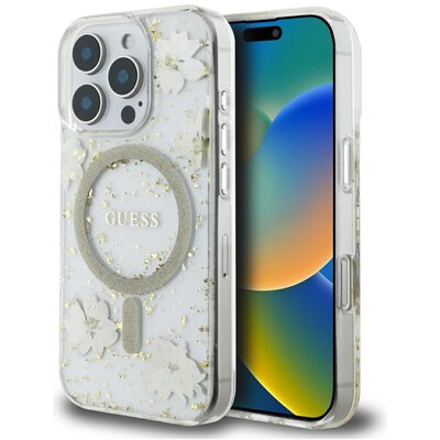 Etui GUESS Resin Flowers Glitter MagSafe do Apple iPhone 16 Pro Beżowy