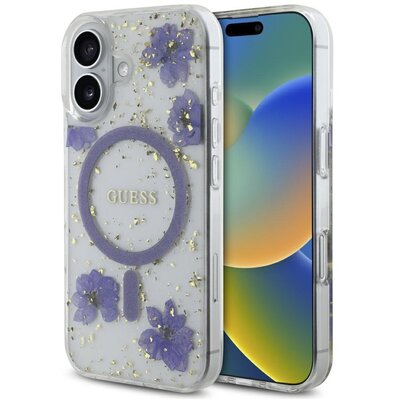 Etui GUESS Resin Flowers Glitter MagSafe do Apple iPhone 16 Fioletowy