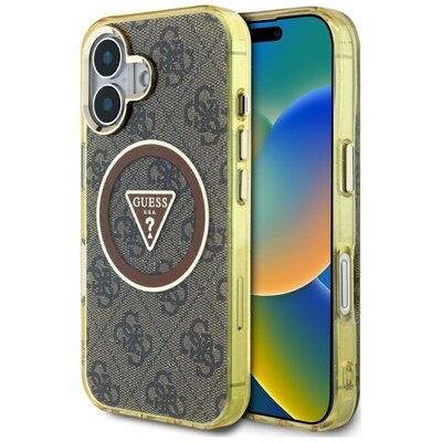 Etui GUESS IML Metal Glitter 4G Circle Triangle MagSafe do Apple iPhone 16 Brązowy