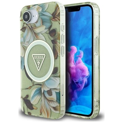 Etui GUESS IML Metal Glitter Flowers Triangle MagSafe do Apple iPhone 16e Zielony
