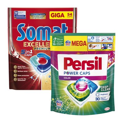 Tabletki do zmywarek SOMAT Excellence Premium 5w1 - 54 szt. + Kapsułki do prania PERSIL Power Caps Color - 60 szt.