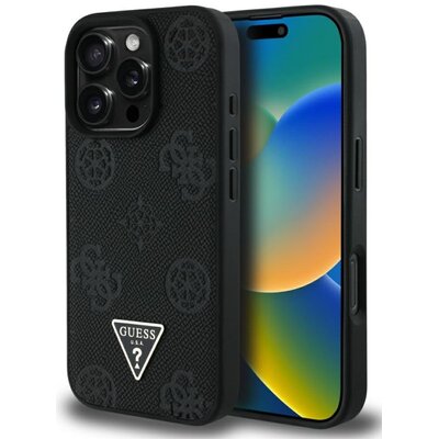 Etui GUESS Grained Hot Stamp Peony Triangle Logo MagSafe do Apple iPhone 16 Pro Czarny