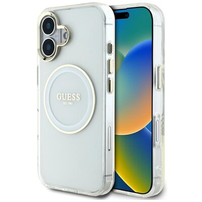 Etui GUESS IML Metal Colored Circle Classic Logo MagSafe do Apple iPhone 16 Biały