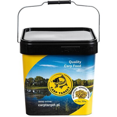 Zanęta CARP TARGET Mix ziaren Kukurydza Konopia Rzepik (12 kg) + Wiadro 17 l
