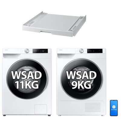 Pralka SAMSUNG WW11DG6B25LEU4 AI Energy EcoBubble A SpaceMax 11kg 1400 obr + Suszarka SAMSUNG AI DV90DG6845LEU4 z pompą ciepła + Łącznik SAMSUNG SKK-UDW