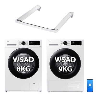 Pralka SAMSUNG WW80CGC04DAE AI Energy Mode EcoBubble 8kg 1400 obr StayClean, Digital Inverter + Suszarka SAMSUNG DV5000D DV90DG52A0AE z pompą ciepła Optimal Dry + Łącznik SAMSUNG SKK-5EW
