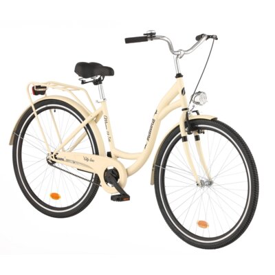 Rower miejski INDIANA Moena S1B 28 cali damski Cappuccino 2025 + Koszyk wiklinowy na rower VÖGEL VKS-502 Stylowy + Wkład do koszyka VÖGEL VKSC705W Biały