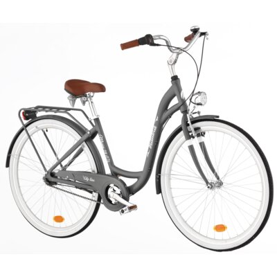 Rower miejski INDIANA Moena A7B 28 cali damski Grafitowy + Koszyk wiklinowy na rower VÖGEL VKS-502 Stylowy + Wkład do koszyka VÖGEL VKSC705WK Biało-czarny