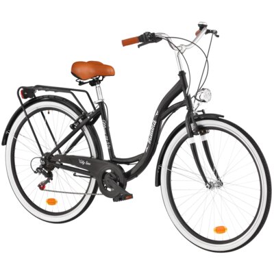 Rower miejski INDIANA Moena S7B D17 28 cali damski Czarny 2025 + Koszyk wiklinowy na rower VÖGEL VKS-502 Stylowy + Wkład do koszyka VÖGEL VKSC705WK Biało-czarny