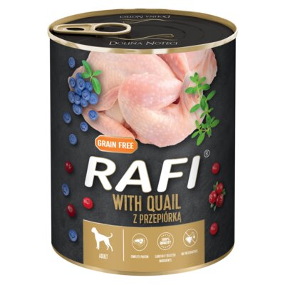 Karma dla psa RAFI Mix smaków z przepiórką, królikiem, dziczyzną, borówką i żurawiną 36 x 800 g