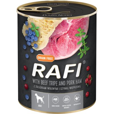Karma dla psa RAFI Mix smaków z żołądkami wołowymi, szynką wieprzową, królikiem, dziczyzną, borówką i żurawiną 36 x 800 g