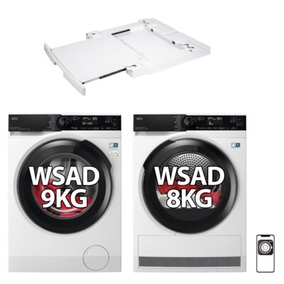 Pralka AEG LFR73944OP ProSteam 7000 9kg 1400obr A UniversalDose MyAEG WoolmarkBlue + Suszarka AEG TR838A4CP AbsoluteCare 8000 z pompą ciepła 8kg MixDry SensiDry PreciseDry + Łącznik ELECTROLUX E1WYHSK2