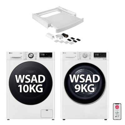 Pralka LG MF4W1072YW KL.A 10kg 1400rpm SteamSpa TurboWash™360 Smart ThinQ + Suszarka LG MRC90V9AV3N Z pompą ciepła 9kg Klasa energetyczna C Auto Cleaning Condenser Smart ThinQ + Łącznik uniwersalny WPRO SKS101 z wysuwaną półką