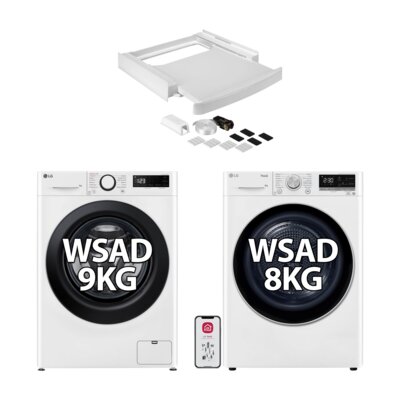 Pralka LG MF4W90506W 9kg 1400rpm AI DD SteamSpa + Suszarka LG RC80V9AV3N 8kg Klasa energetyczna C Auto Cleaning Condenser Smart ThinQ + Łącznik uniwersalny WPRO SKS101 z wysuwaną półką