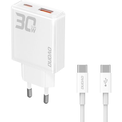 Ładowarka sieciowa DUDAO A30EUT 30W GaN USB-A / USB-C + Kabel USB-C Biały