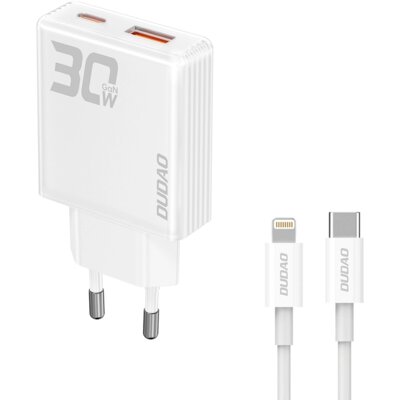 Ładowarka sieciowa DUDAO A30EUL 30W GaN USB-A / USB-C + Kabel USB-C - Lightning Biały