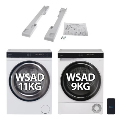 Pralka CANDY ProWash 700 BS 411B9-S 11kg 1400 obr ProActive EcoWash hOn Szybkie programy Higiena Plus + Suszarka CANDY AI ProDry 700 BS H9N2B-S z pompą ciepła 9kg AI Smart Move Warm Dry Pro hOn Active Scent + Zestaw podłączeniowy CANDY WSK1101 2 STD