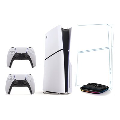 Konsola SONY PlayStation 5 Slim + 2 Kontrolery SONY DualSense Biały + Podstawka MAD DOG GPS100K Czarny do konsoli PlayStation 5/PS5 Slim