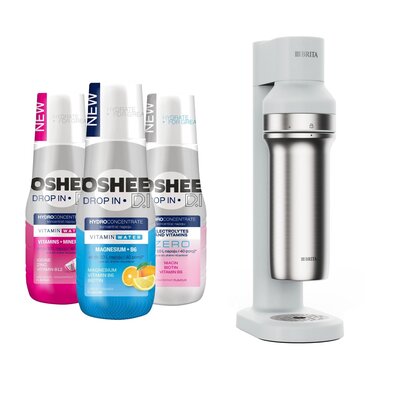 Saturator BRITA Sodatrio Biały + Hydrokoncentrat OSHEE Witaminy i minerały 500 ml + Hydrokoncentrat OSHEE Zero elektrolity i witaminy 500 ml + Hydrokoncentrat OSHEE Magnez + B6 Cytryna i Pomarańcza 500 ml